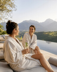 Obraz premium Two smiling women wearing white bathrobes relax on lounge chairs by an infinity pool overlooking a mountain range at a luxury wellness resort.
