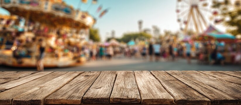 A blurred view of a lively carnival scene with a wooden surface in the foreground, creating a dynamic and inviting composition.