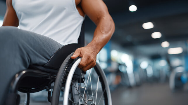 Male athlete in wheelchair grips wheel while training in modern gym with exercise equipment and blurred background, showcasing determination and strength