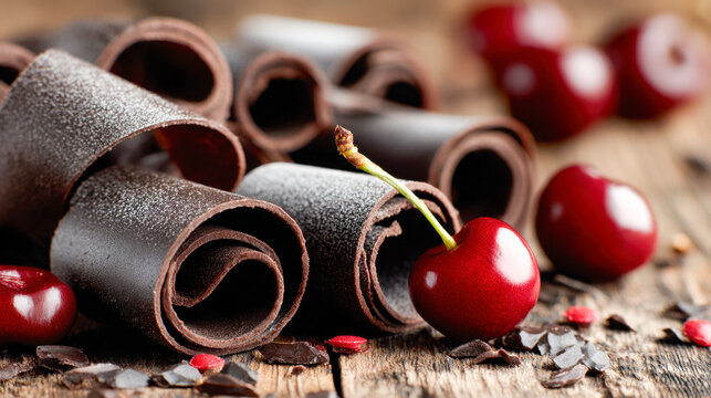 Rolled dark chocolate curls dusted with cocoa powder paired with fresh ripe cherries on rustic wooden surface for a decadent dessert setting