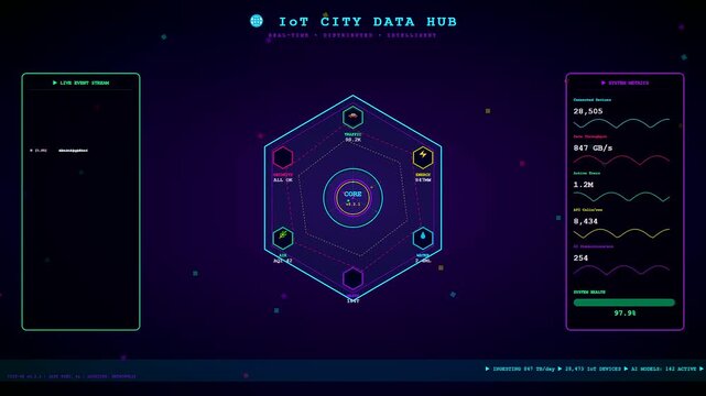 An advanced Smart City Dashboard displays real time data analytics through neon holographic interfaces showing complex urban networks and system metrics for futuristic infrastructure management