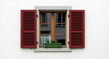 Obraz premium Window with red shutters against a white wall architectural detail