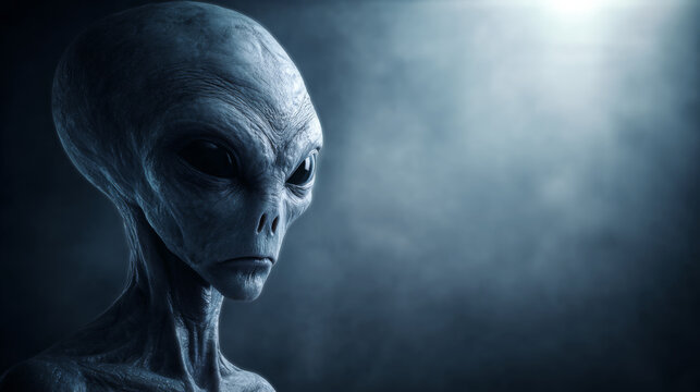Alien figure with large black eyes and elongated head, illuminated by soft light against a dark, misty background creating a mysterious atmosphere