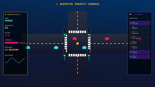 An intricate Smart City Dashboard orchestrates urban mobility through an algorithmic decision tree that seamlessly adjusts traffic signals to mitigate congestion in a futuristic simulation