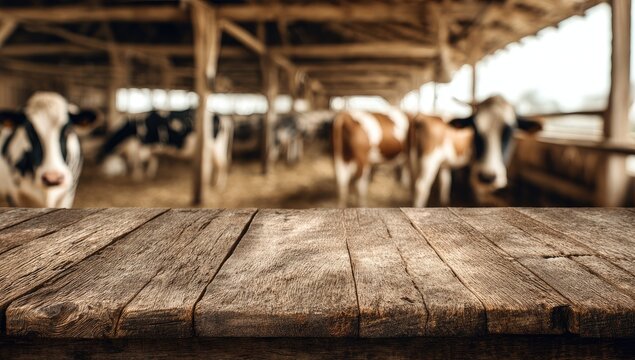 A rustic wooden table overlooks a barn filled with dairy cows.