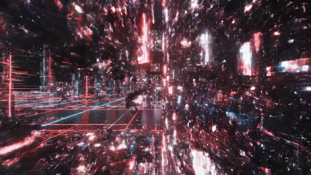 This captures a futuristic cityscape at night with a vibrant display of neon lights and digital projections. The urban environment is showcased with a technological twist, featuring glowing lines and