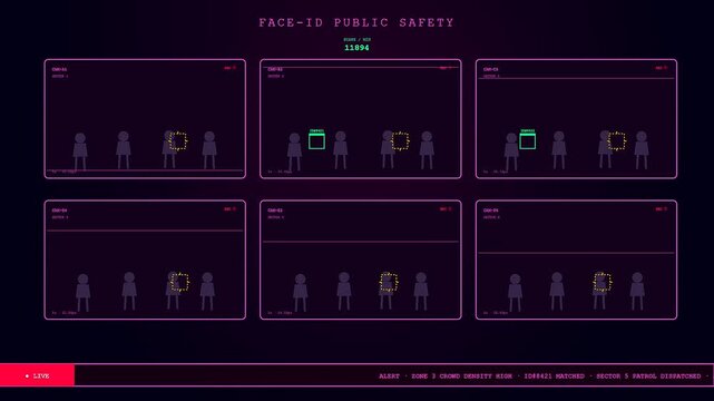 A futuristic Smart City Dashboard monitors urban crowds using advanced facial recognition software to identify specific individuals across multiple security camera feeds in real time