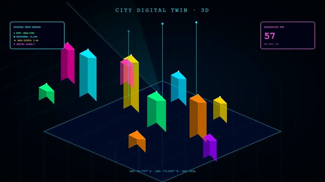 An intricate Smart City Dashboard displaying dynamic 3D holographic data visualizations with neon skyscrapers fluctuating in real time across a futuristic digital twin interface