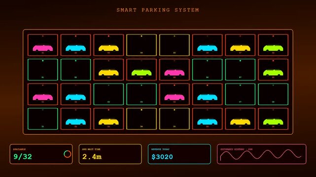 A futuristic Smart City Dashboard visualizing urban parking logistics with dynamic neon interfaces showing real time occupancy shifts and revenue growth for modern infrastructure management