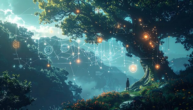 Man stands under large tree with glowing orbs and connected lines amidst green hills and light-blue sky