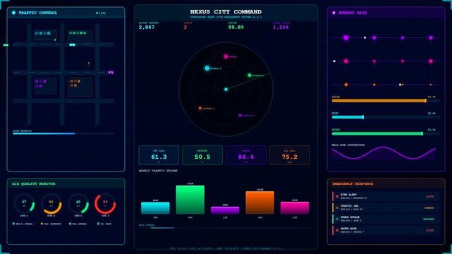 Dynamic futuristic visuals of a Smart City Dashboard displaying sophisticated urban infrastructure analytics including traffic flow and energy grid monitoring for metropolitan governance systems