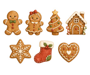 Fototapeta premium Cute Christmas Gingerbread Cookies Set with Gingerbread Man and House