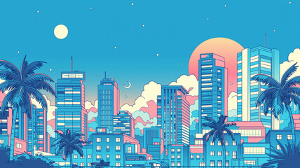 Naklejka premium 1980sシティポップの世界観を感じるレトロな都市風景とビル群が広がる夜景イラストで、ノスタルジックな空気と都会の魅力を表現した背景ビジュアル素材
