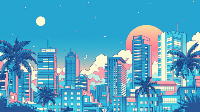1980sシティポップの世界観を感じるレトロな都市風景とビル群が広がる夜景イラストで、ノスタルジックな空気と都会の魅力を表現した背景ビジュアル素材