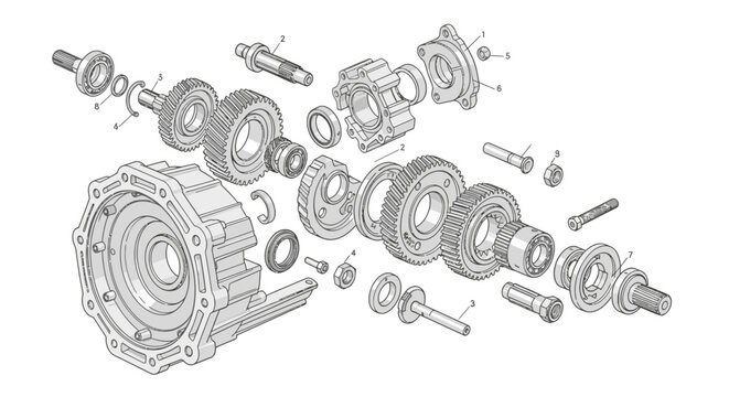 Mechanical gearbox exploded view diagram with gears and shafts