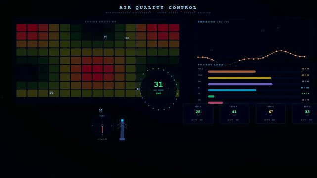 An intricate Smart City Dashboard fluctuating in real time to visualize atmospheric pollutants using vibrant heat maps and kinetic data streams for ecological governance