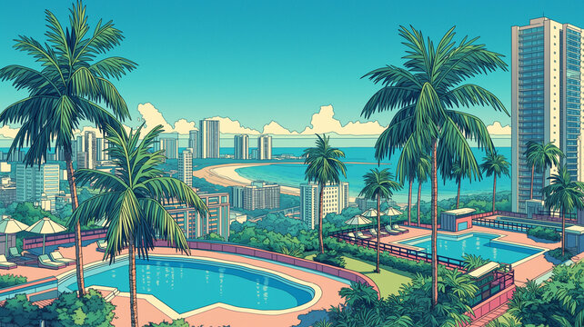 1980sシティポップ風のレトロな都市風景とヤシの木が並ぶ街並みを描いたイラストで、ノスタルジックな雰囲気と都会の夜景を美しく表現した高品質背景素材