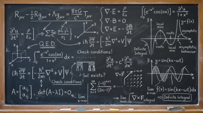 Comprehensive chalkboard with physics and mathematics equations in classroom setting