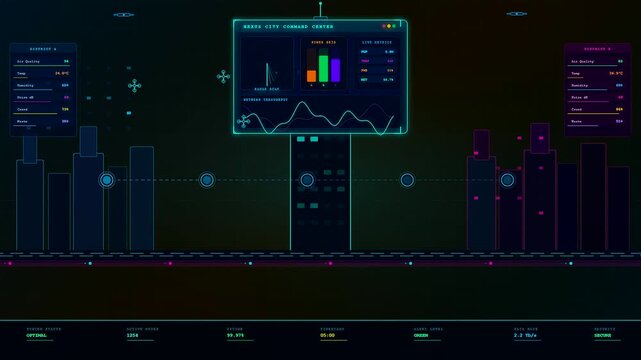 A futuristic smart city dashboard displays undulating data waves and pulsing neon metrics while monitoring urban infrastructure within a dark digital environment for city planners