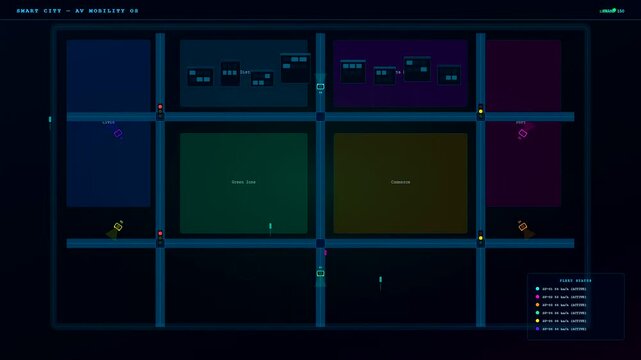 A futuristic Smart City Dashboard visualizes autonomous vehicle movement across a neon grid depicting real time urban traffic flow for advanced artificial intelligence logistics management systems