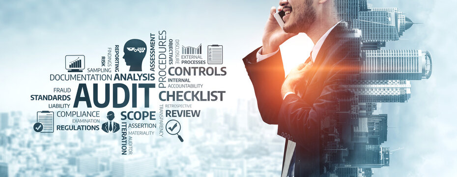 A professional man converses on the phone amidst a cityscape, with audit concepts prominently displayed, illustrating the importance of compliance and control in business practices. Tessel