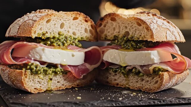 This features a close-up shot of a mouthwatering Italian sandwich being prepared in a modern kitchen. The sandwich consists of prosciutto, mozzarella cheese, and pesto on a rustic bread roll