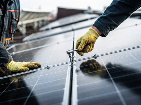 Two workers wearing gloves install or maintain solar panels on a rooftop, focusing on fastening components under daylight.