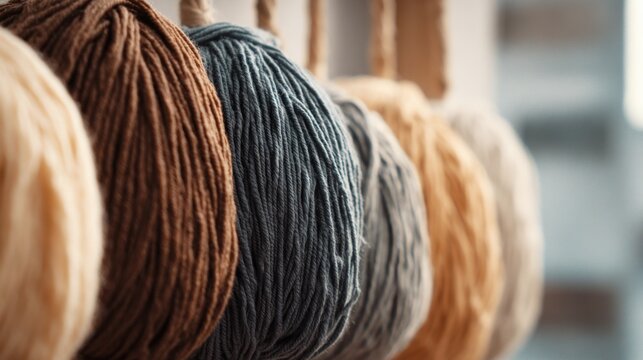 Various balls of yarn in earthy tones hanging in a row focused on texture and natural fibers for knitting or crocheting projects in soft light