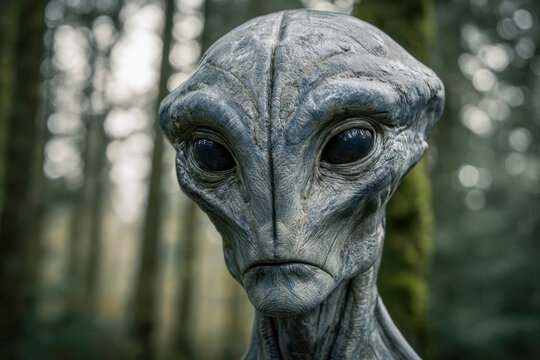Detailed portrait of a mysterious extraterrestrial being with large dark eyes and textured skin standing in a dimly lit forest surrounded by blurred trees