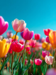 Fototapeta premium Vibrant tulip field basking under bright sunny sky with a stunning mix of pink, yellow, and red blossoms creating a colorful springtime landscape in full bloom