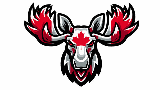 A stylized moose head with red flames and a maple leaf on its forehead symbolizes true love for Canada's sports teams.