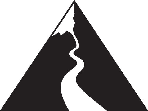Minimalist mountain silhouette with winding river trail leading to peak against transparent background for travel logo design or outdoor adventure sports emblem.