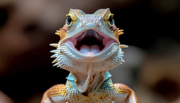 Bearded dragon with open mouth showing teeth and tongue.