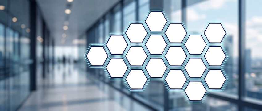 Transparent hexagonal photo frames on abstract blue technology background, futuristic mockup for presentations, PNG image