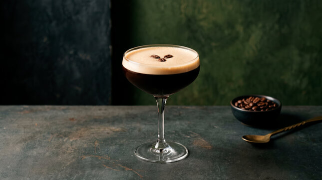 Espresso martini cocktail with foamy top and coffee beans in coupe glass on dark textured table with bean bowl and vintage spoon for sophisticated bar ambiance seeking artisanal drink