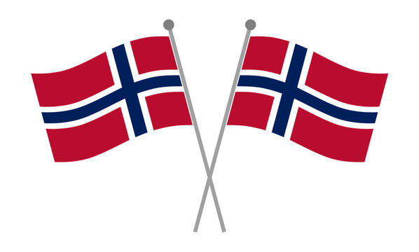Crossed Norway flags waving on pole patriotic vector illustration isolated on transparent background.
