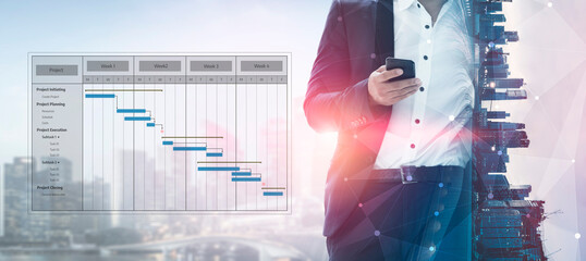 A businessman stands in an urban environment, using a smartphone while a Gantt chart overlays, symbolizing project management and modern corporate strategy. Tessel © InfiniteFlow