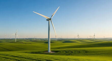 Fototapeta premium Wind turbines generating power in a vast green field under a clear blue sky