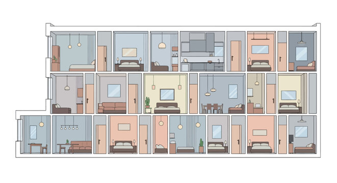 Modern Apartment Building Cross-Section Illustration showing Multiple Interior Rooms and Living Spaces in Flat Vector Style