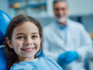 Fototapeta premium Smiling young girl sitting in dental clinic chair with friendly dentist in background wearing gloves and white coat preparing for checkup or treatment session