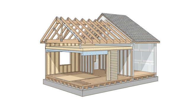 House Construction Cutaway Illustration of Wooden Frame Structure and Roof Trusses on White Background