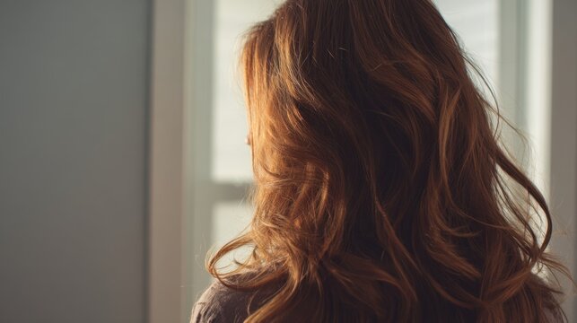 Woman with long wavy red hair looking out of a window in soft natural light creating a serene and reflective mood indoors