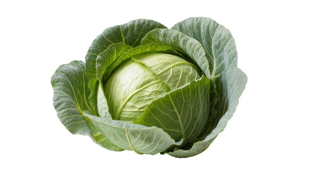 Isolated fresh green cabbage head with outer leaves, healthy organic whole vegetable food