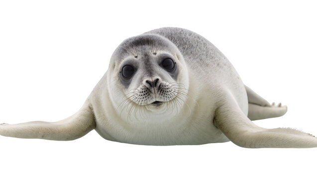 Isolated adorable baby seal pup lying and looking directly at camera with cute expression