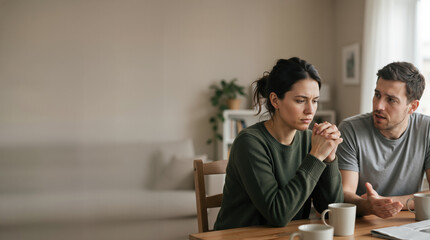 Obraz premium Young couple having a serious discussion at home. Man and woman in conflict sitting at a table with coffee. Relationship problems and communication concept. Copy space for text