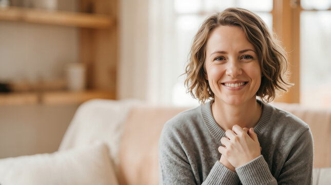 Portrait of a smiling woman at home. Happy adult female in a grey sweater sitting on a couch in a cozy living room. Concept of happiness and well-being