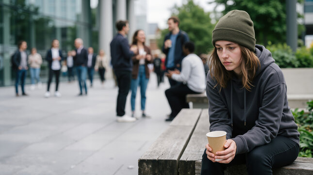 Sad young woman sitting alone on a bench in a crowded city plaza. Lonely girl in hoodie and beanie holding coffee cup. Social isolation and mental health concept