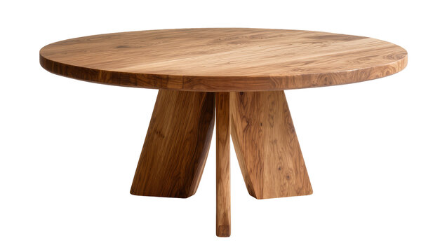 Isolated round dining table with unique three-leg wooden base, handcrafted solid wood furniture