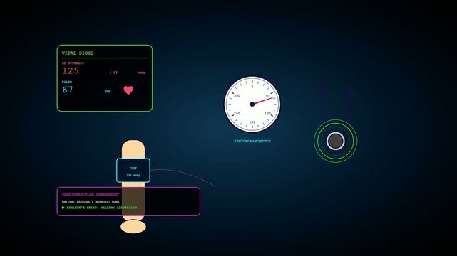 An avant garde holographic display during a Sports Medical Consultation illustrates sophisticated cardiovascular telemetry monitoring featuring dynamic blood pressure metrics and heart rate analytics