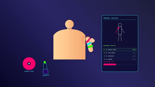 This sophisticated digital interface showcasing a Sports Medical Consultation leverages abstract anatomical visualizations and interactive treatment protocols to streamline athletic recovery